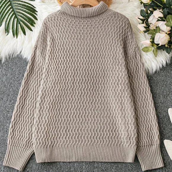 Casual  Turtleneck Drop Shoulder Sweater Mocha Brown - Picture 2 of 5